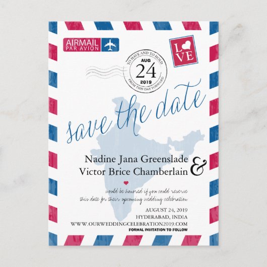 Hyderabad, India Airmail Wedding Save the Date Aankondigingskaart (Voorkant)