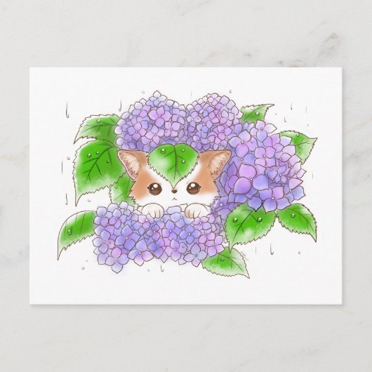 Hydrangea and Mochi Rainy Day Postcard by Amy C Briefkaart (Voorkant)