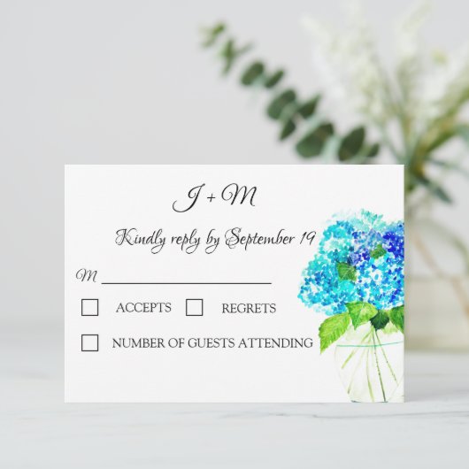 Hydrangea Blauw Bloemen Rustieke bloemen Moderne R RSVP Kaartje (Staand voorkant)