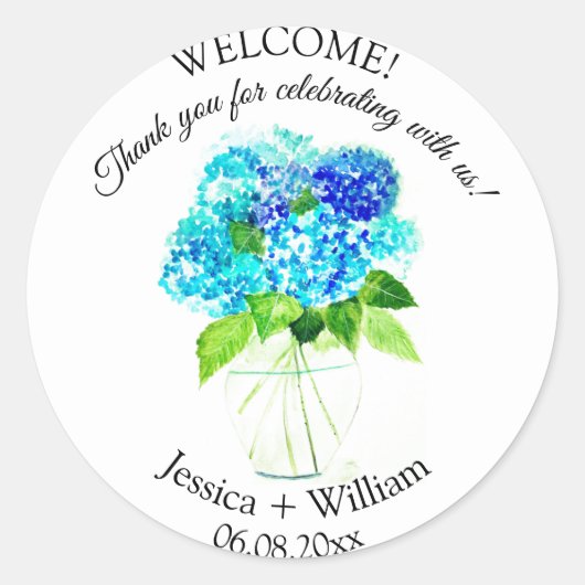 Hydrangea Blauw Bloemen Waterverf Bruiloft Ronde Sticker (Voorkant)