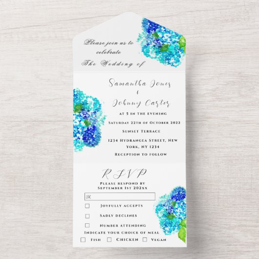 Hydrangea Blauw Bloemen Waterverf Rustieke Bruilof All In One Uitnodiging (Binnen)