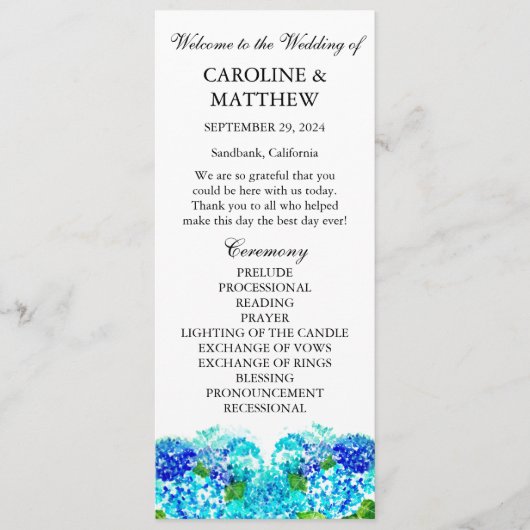 Hydrangea Blauw Bloemen Waterverf Rustieke Bruilof Programmakaart (Voorkant)