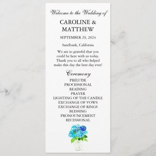 Hydrangea Blauw Bloemen Waterverf Rustieke Bruilof Programmakaart (Voorkant)