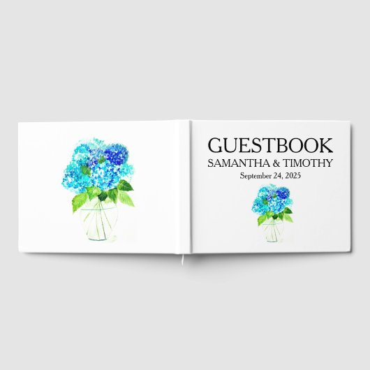 Hydrangea Blauw Elegant Waterverf Bloemenbruiloft Gastenboek (Volledig)