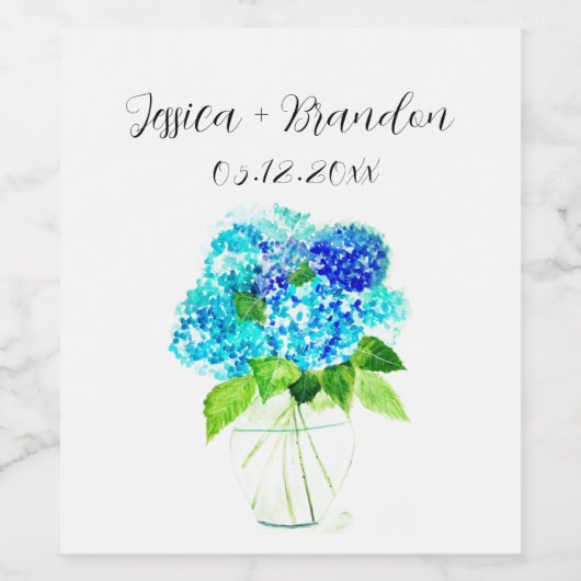 Hydrangea Blauwe Waterverf Bloemen Bloemen Bloemen Wijn Etiket (Enkel label)