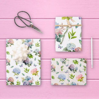 Hydrangea Bloem Blauw en Roze Set van 3 Inpakpapier Vel