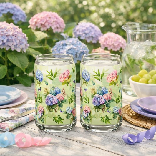 Hydrangea Bloemen Blauw en Roze Set Drinkservies Blikvorm Glas