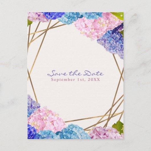 Hydrangea Bloemen & Gouden Lente Save the Date Aankondigingskaart (Voorkant)