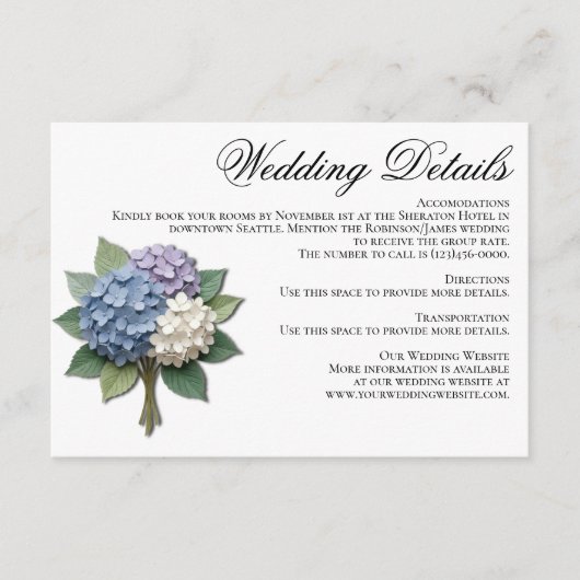 Hydrangea Bloemen Huwelijksdetails Kaart (Voorkant)