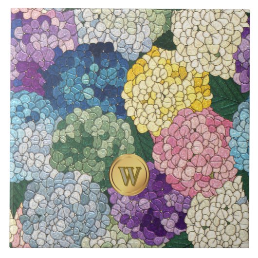 Hydrangea Bloemige Nep Gebrandschilderde Monogram Tegeltje (Voorkant)
