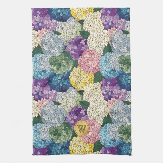 Hydrangea Bloemige Nep Gebrandschilderde Monogram Theedoek (Verticaal)