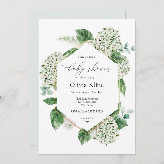 Hydrangea bloesems en groen Baby shower Kaart (Voorkant / Achterkant)