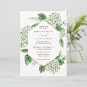 Hydrangea bloesems en groen bruiloft kaart (Staand voorkant)