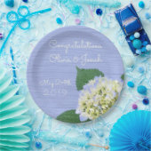 Hydrangea Bloom Blue Wood Grain Weddenschap Papieren Bordje (Feest)