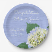 Hydrangea Bloom Blue Wood Grain Weddenschap Papieren Bordje (Voorkant)