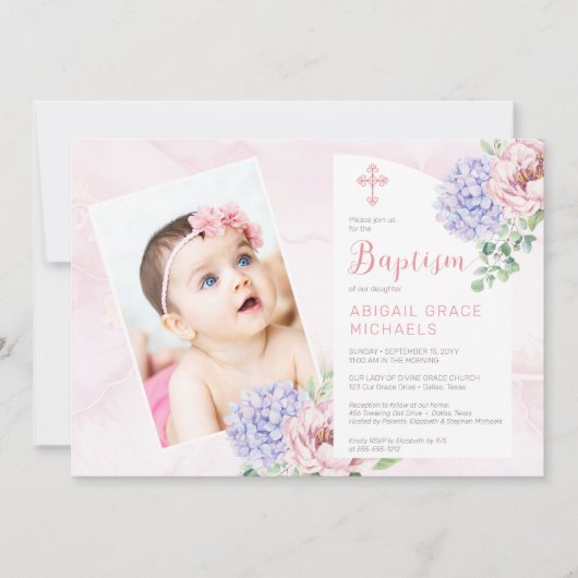 Hydrangea Blooms Girl Baby Foto Baptisme Kaart (Voorkant)