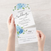 Hydrangea Blue Dusty Light Floral Wedding RSVP All In One Uitnodiging (Afscheurbaar)