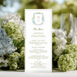Hydrangea Blue Floral Crest Wedding Menu