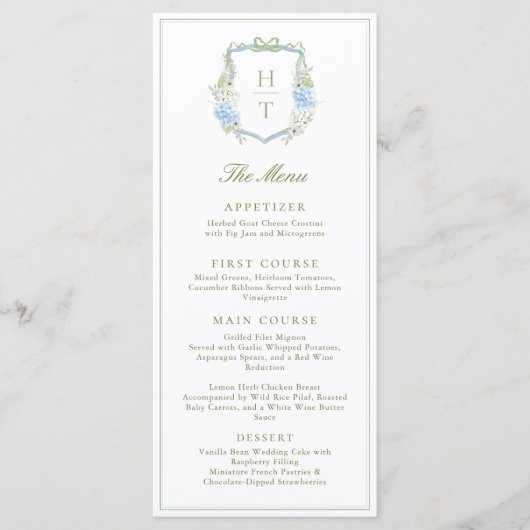 Hydrangea Blue Floral Crest Wedding Menu (Voorkant)