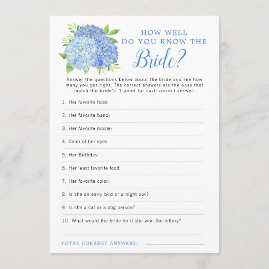 Hydrangea Blue Floral Vrijgezellenfeest Game Kaart (Voorkant)