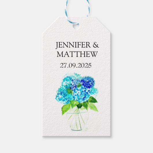 Hydrangea Blue Flowers Waterverf Elegante bruiloft Cadeaulabel (Voorkant)