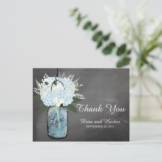 Hydrangea Blue Mason Jar Chalkboard | Dank u Briefkaart (Staand voorkant)