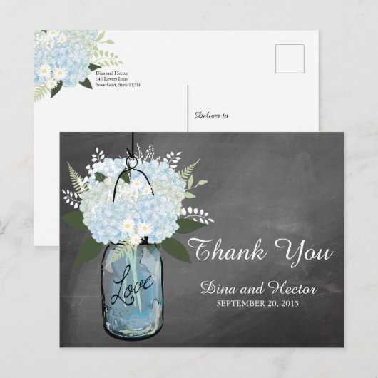 Hydrangea Blue Mason Jar Chalkboard | Dank u Briefkaart (Voorkant / Achterkant)