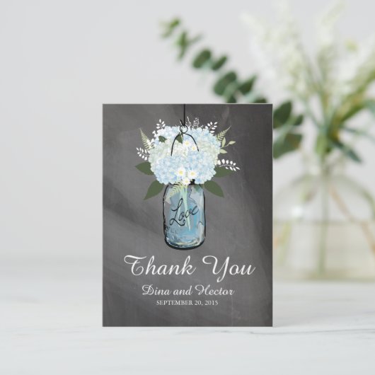 Hydrangea Blue Mason Jar Chalkboard | Dank u Briefkaart (Staand voorkant)