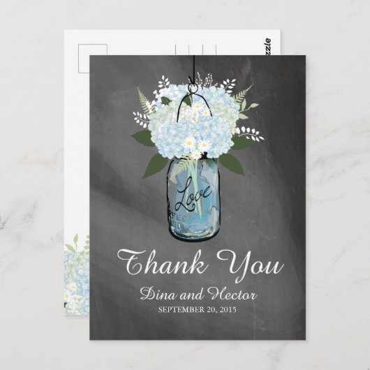 Hydrangea Blue Mason Jar Chalkboard | Dank u Briefkaart (Voorkant / Achterkant)