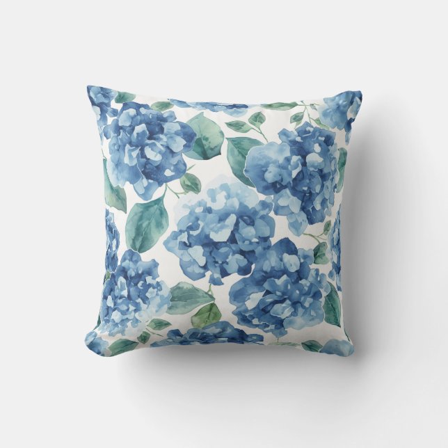 Hydrangea Blues | Waterverf Bloemen Bloem Patroon Kussen (Voorkant)
