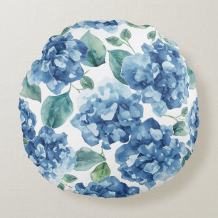Hydrangea Blues   Waterverf Bloemen Bloem Patroon Rond Kussen