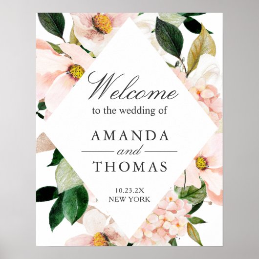 Hydrangea Blush Roze Bloemige Trouw Welkom Bord Poster (Voorkant)