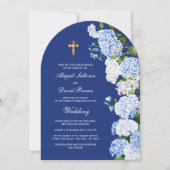 Hydrangea Boog op Blauwe Religieuze Trouwdag Kaart (Voorkant)