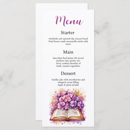 Hydrangea Book Theme Menu Kaart (Voorkant / Achterkant)