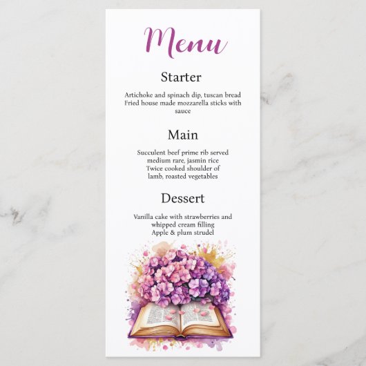 Hydrangea Book Theme Menu Kaart (Voorkant)