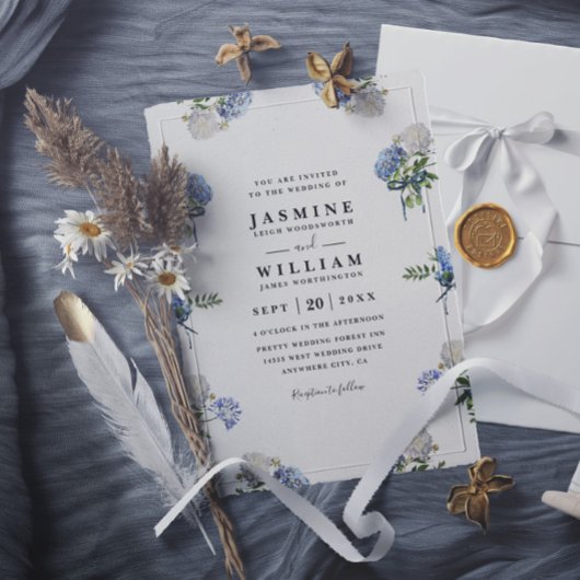 Hydrangea Bouquet Blue Elegant QR Code Wedding Kaart