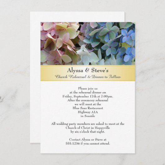 Hydrangea bruiloft repetitie diner kaart (Voorkant / Achterkant)