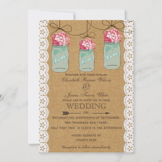 hydrangea burlap Rustic mason jar bruiloft Kaart (Voorkant)