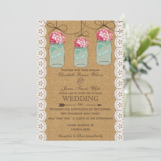 hydrangea burlap Rustic mason jar bruiloft Kaart (Staand voorkant)