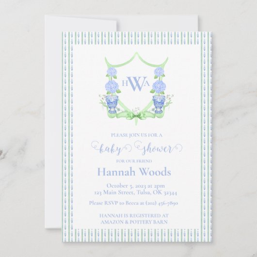Hydrangea Chinoiserie Topiary Monogram Baby shower Kaart (Voorkant)