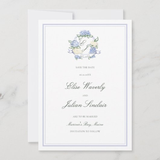 Hydrangea Crest Formal Blue Coastal Photo Wedding Save The Date (Voorkant)