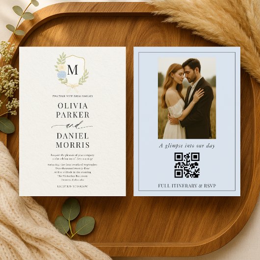 Hydrangea Crest Monogram Foto QR Code Trouwfeest Kaart