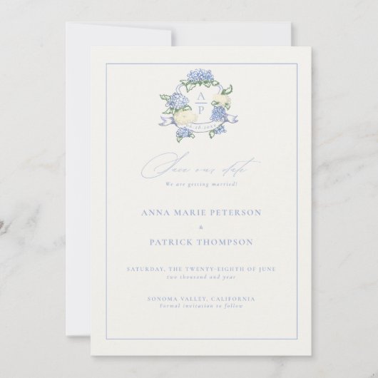Hydrangea Crest Periwinkle Blue Elegant Wedding Save The Date (Voorkant)