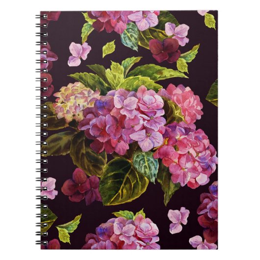 Hydrangea, donker, naadloos bloemenpatroon. notitieboek (Voorkant)