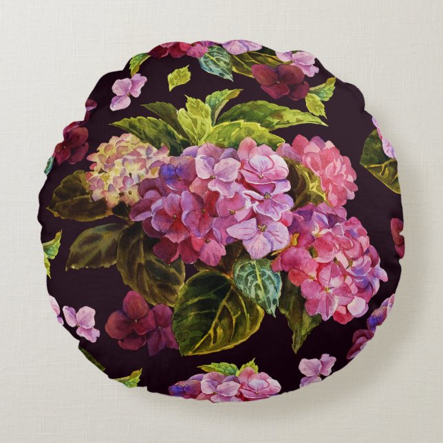 Hydrangea, donker, naadloos bloemenpatroon. rond kussen (Voorkant)