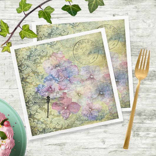 Hydrangea Dragonfly Postmark Ephemera Decoupage Servet