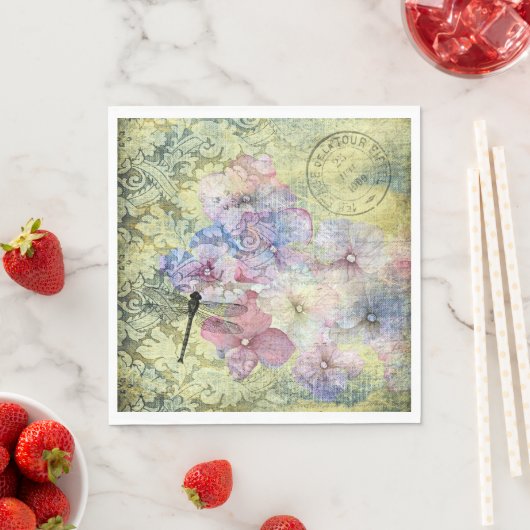 Hydrangea Dragonfly Postmark Ephemera Decoupage Servet (Insitu)