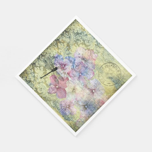 Hydrangea Dragonfly Postmark Ephemera Decoupage Servet (Hoek)