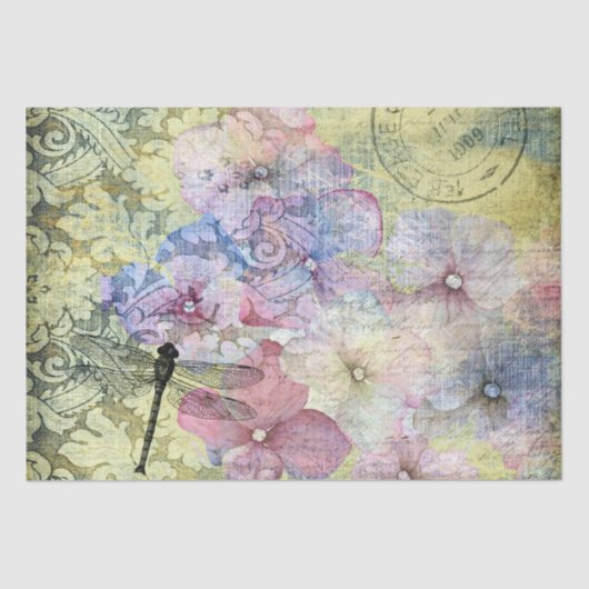 Hydrangea Dragonfly Postmark Ephemera Decoupage Tissuepapier (Voorkant)