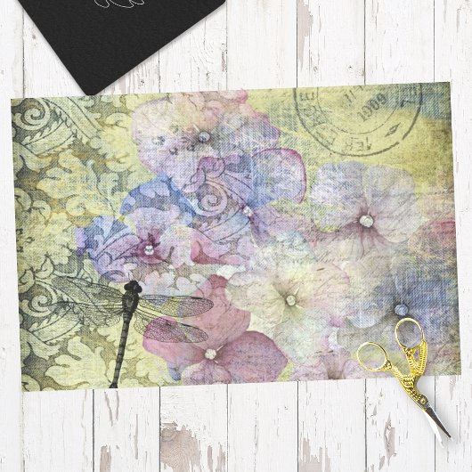 Hydrangea Dragonfly Postmark Ephemera Decoupage Tissuepapier